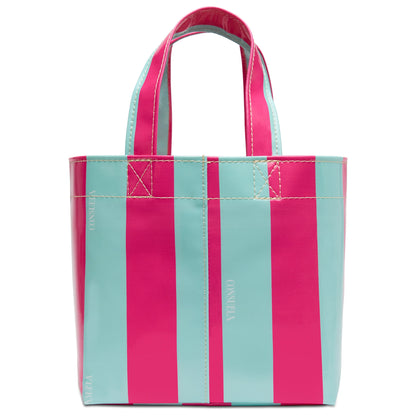Bright pink and light blue striped utility tote with matching handles and visible stitching. Available in mini size.