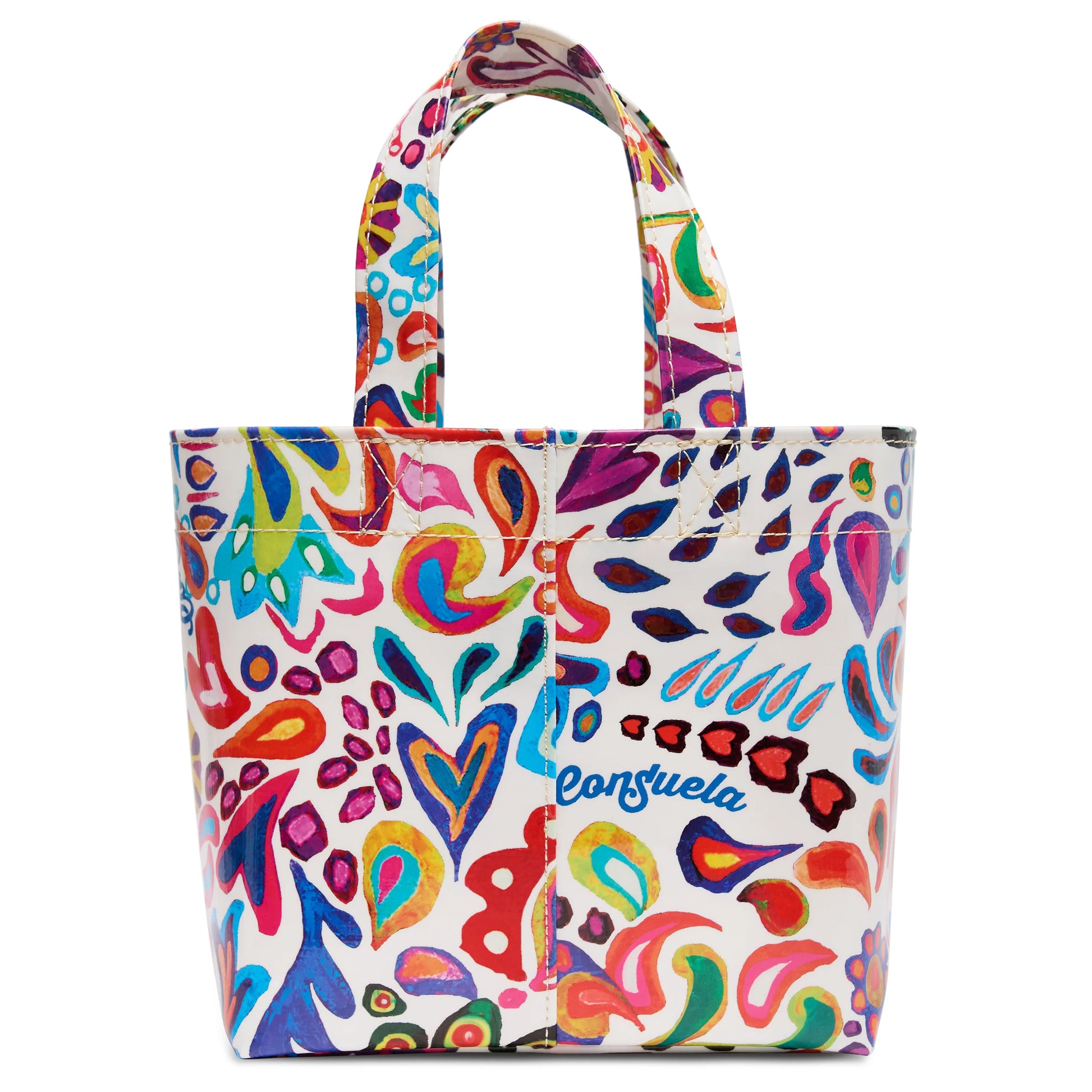 Grab 'n' Go Mini, Bianca: Colorful ConsuelaCloth tote with abstract florals, hearts, 2 handles, "Consuela" front. Sizes: Mini.