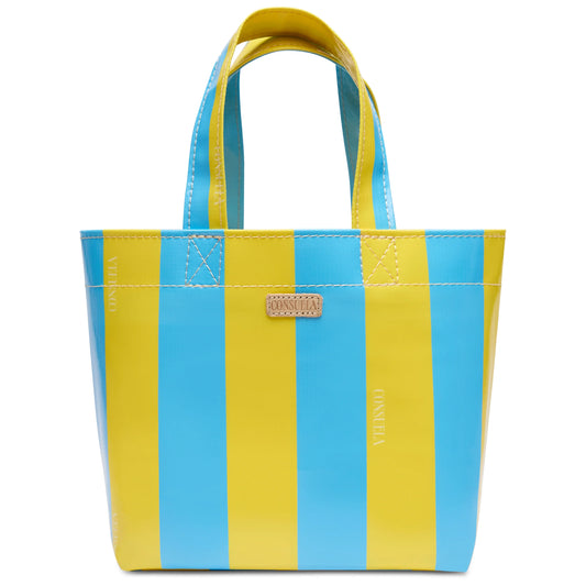 Grab 'n' Go Mini, Surfside: yellow/blue stripes, two handles, white stitching, Consuela patch. Available in mini size.