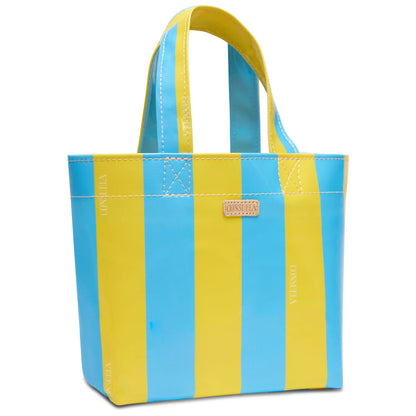 Small ConsuelaCloth tote, blue and yellow vertical stripes, two handles, front logo patch. Size: Mini.