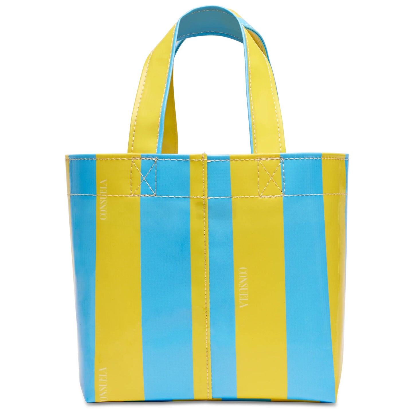 Small ConsuelaCloth tote with blue/yellow stripes, short handles, glossy finish, "CONSUELO" print. Mini size available.