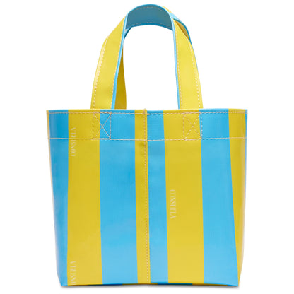 Small ConsuelaCloth tote with blue/yellow stripes, short handles, glossy finish, "CONSUELO" print. Mini size available.