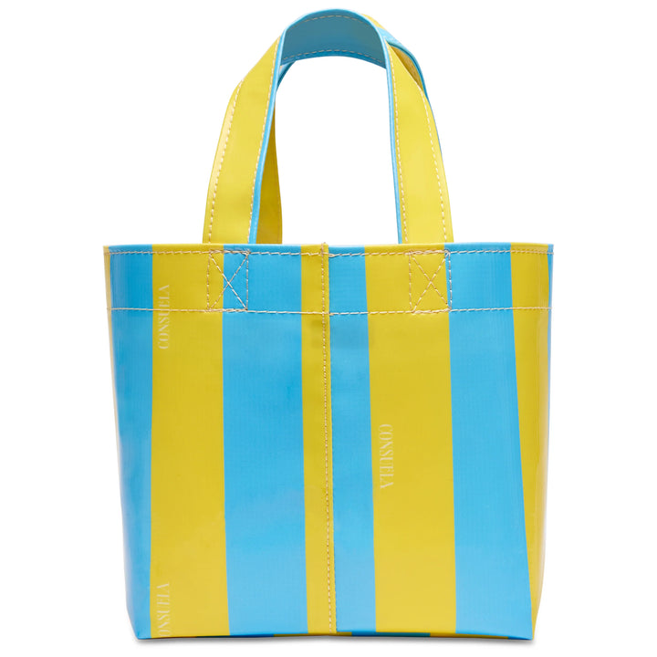 Small ConsuelaCloth tote with blue/yellow stripes, short handles, glossy finish, "CONSUELO" print. Mini size available.