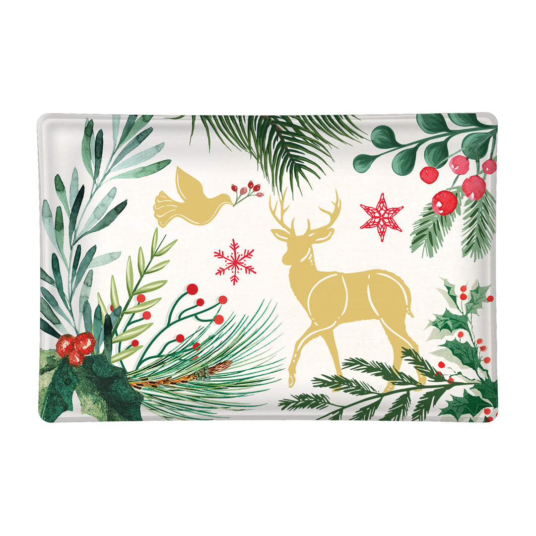 Joy to The World rectangular glass soap dish featuring a gold deer, gold bird, red snowflakes, and painted evergreen branches with red berries.