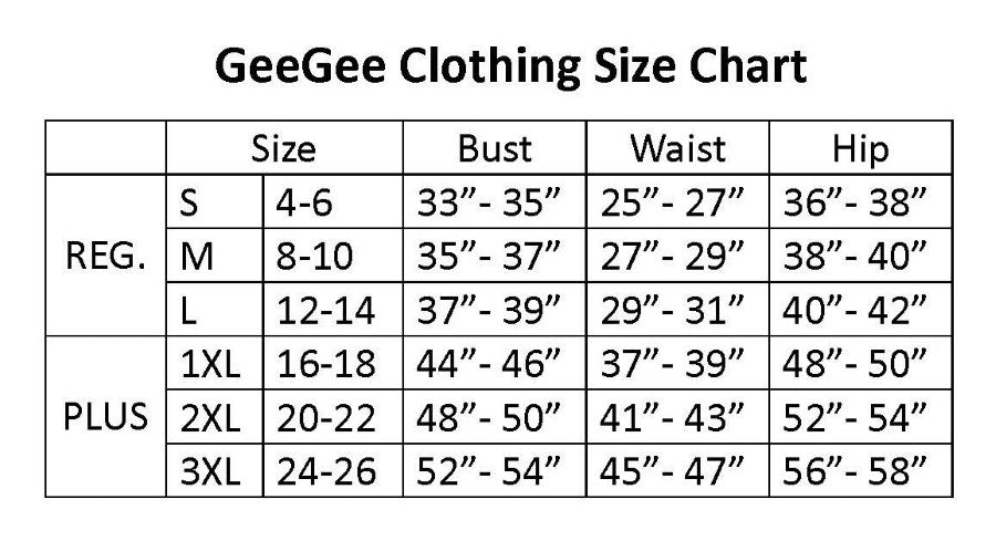 The "GeeGee" Quilted Denim Jacket is available in sizes S, M, L for regular and 1XL, 2XL, 3XL for plus. Measurements include bust, waist, and hip in inches.