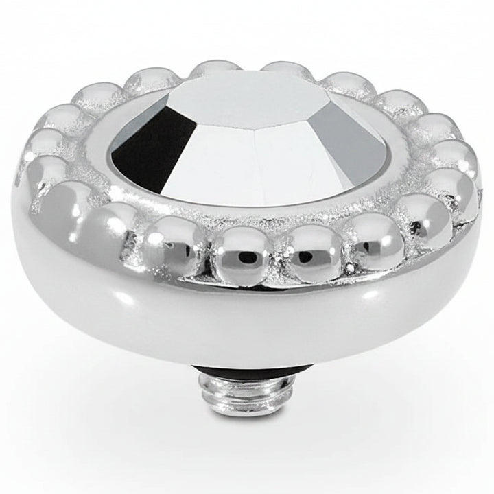 Round silver 11mm QUDO top with faceted European crystal, raised border, and threaded screw for easy jewelry attachment.