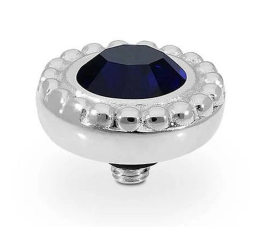 Round silver beaded-edge 11mm top with central dark blue European crystal. Available in 11mm size.