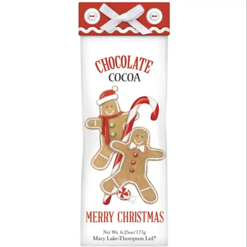 6.25oz Holiday Cocoa packet with gingerbread and candy cane illustrations.