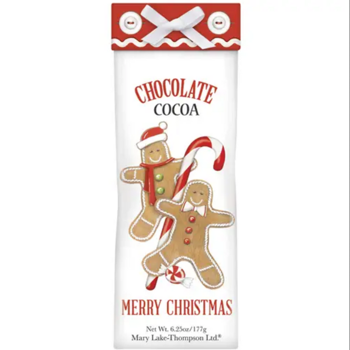 6.25oz Holiday Cocoa packet with gingerbread and candy cane illustrations.