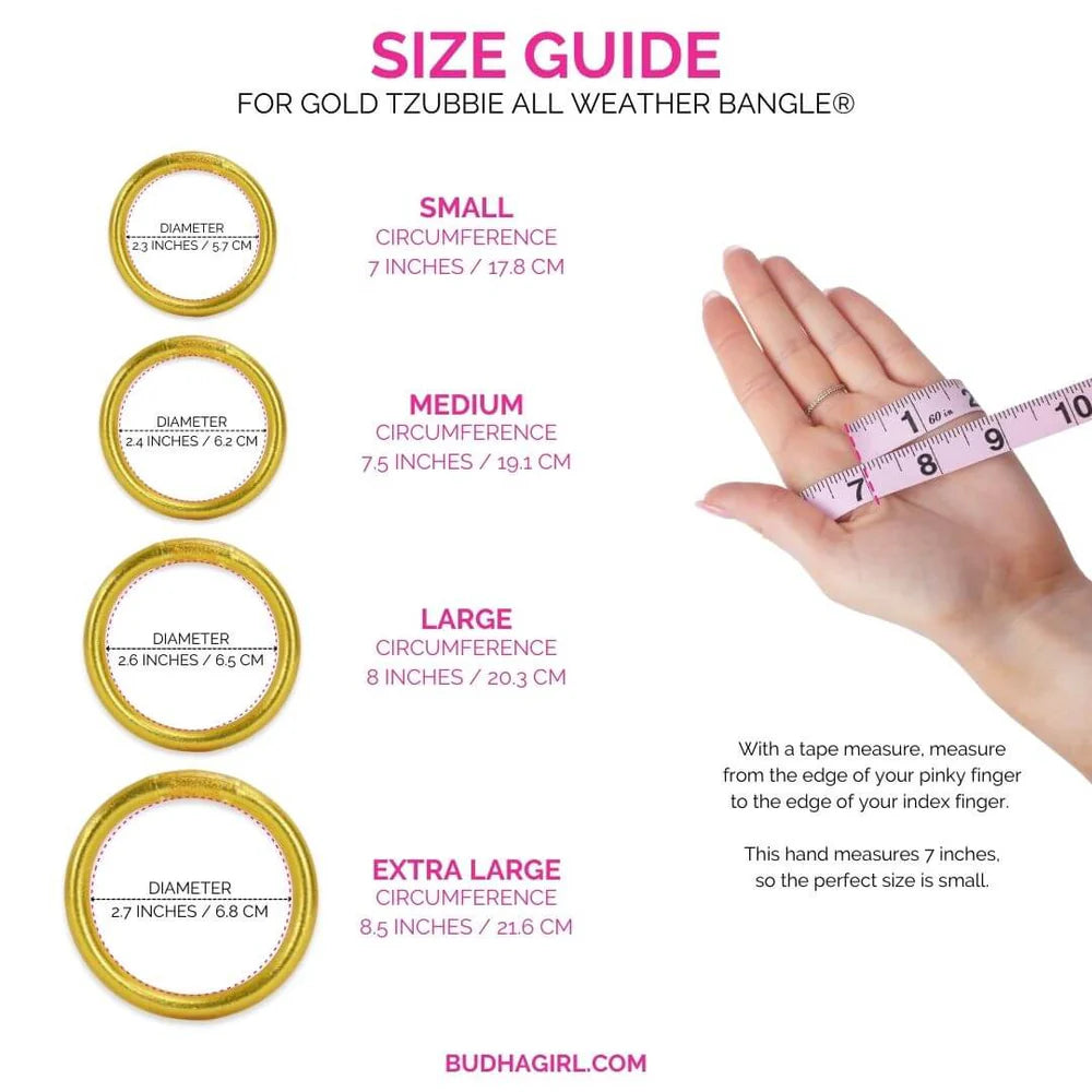 Gold Tzubbie All Weather Bangle® - Serenity Prayer size guide with four sizes, diameters, and circumferences shown.