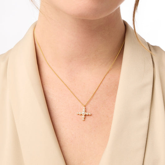 Gumdrop Cross Delicate Necklace | Pearl by Julie Vos in 24K gold plate and pearls. Available in 16-18 inch adjustable size.