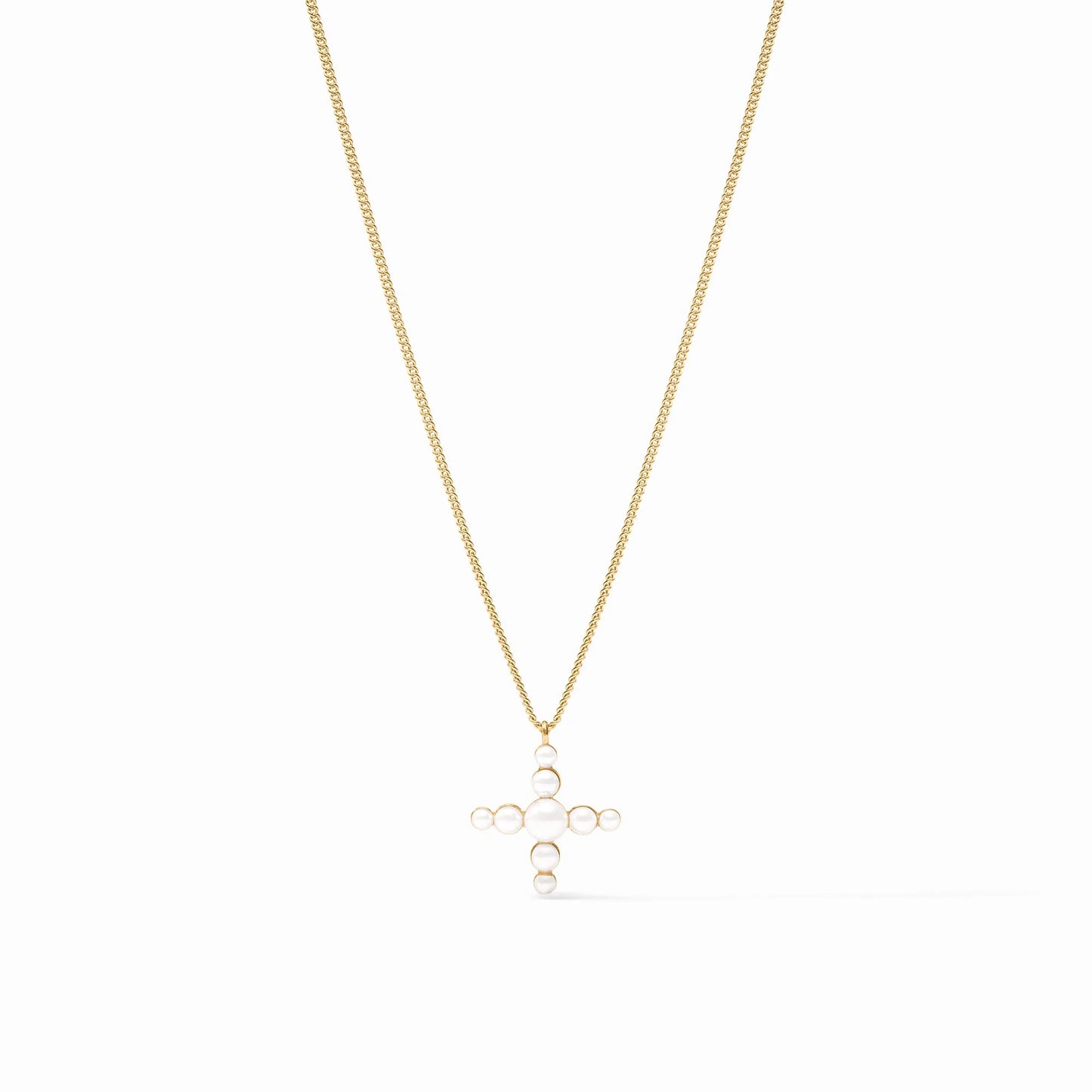 24K gold plate chain necklace with cross-shaped pendant of small white pearls. Available in 16", 18", and 20" lengths.