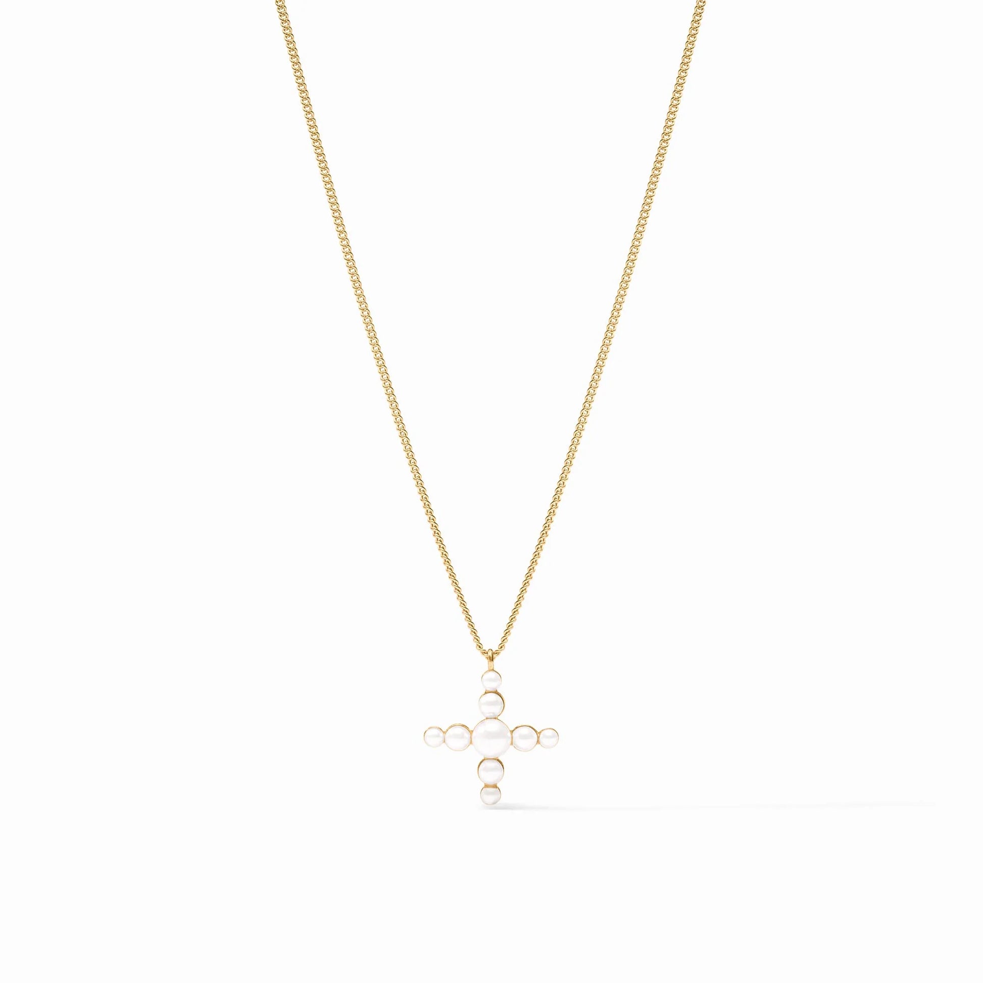 24K gold plate chain necklace with cross-shaped pendant of small white pearls. Available in 16", 18", and 20" lengths.