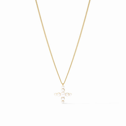 24K gold plate chain necklace with cross-shaped pendant of small white pearls. Available in 16", 18", and 20" lengths.
