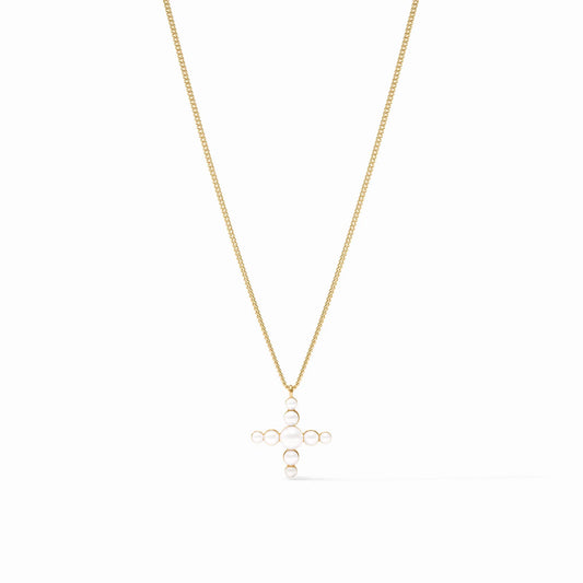 24K gold plate chain necklace with cross-shaped pendant of small white pearls. Available in 16", 18", and 20" lengths.