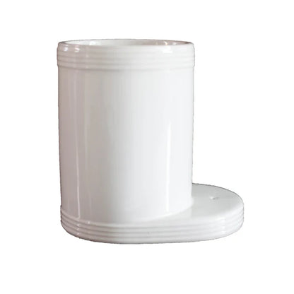 White ceramic Pinstripes Utensil Crock with cylindrical shape, flat oval base, and horizontal ridges. Available in multiple sizes.