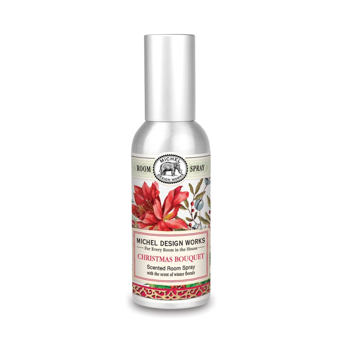 Silver metal Christmas Bouquet scented room spray bottle with red floral label.