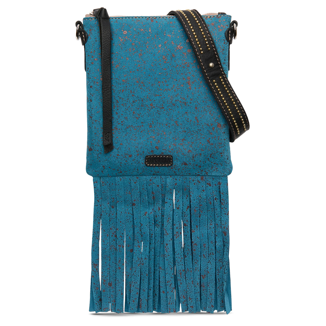 Turquoise crossbody purse with brown speckles, long black and yellow strap, playful fringe. Available in small and medium sizes.