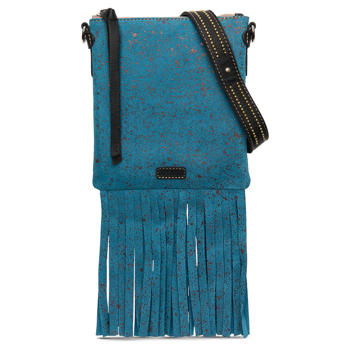 Turquoise crossbody purse with brown speckles, long black and yellow strap, playful fringe. Available in small and medium sizes.