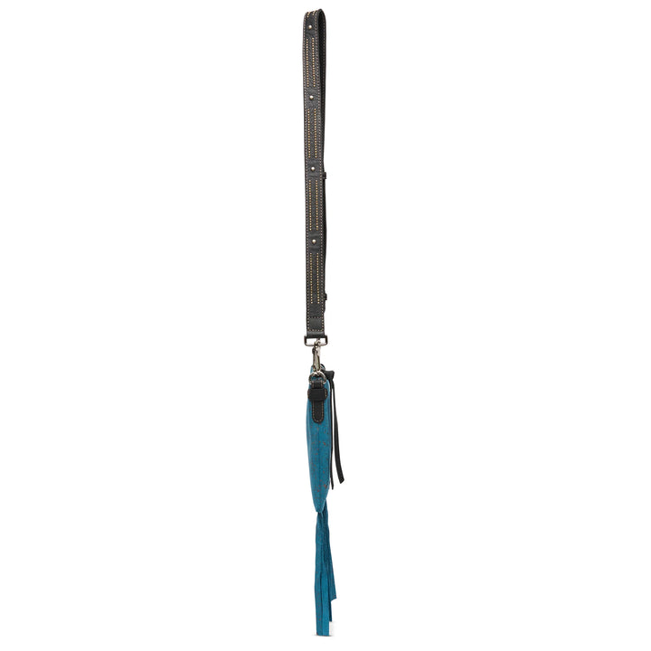 The Explorer Mini, Nilo: black leather strap, metal studs, silver buckle, teal tassel. Available in S/M/L.