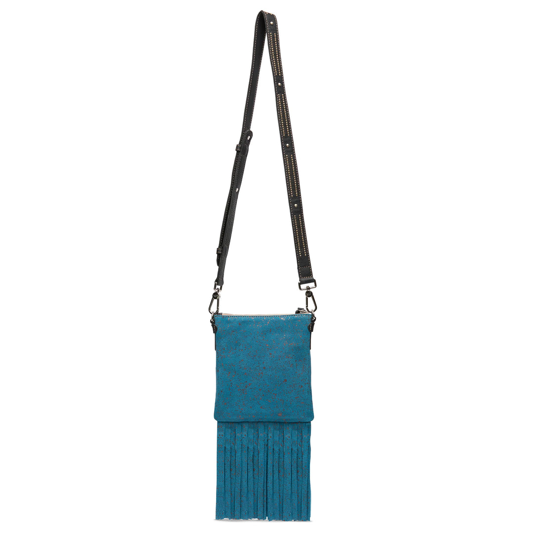 Small teal Explorer Mini purse with textured finish, front flap, black strap, leather fringe. Available sizes: S, M, L.