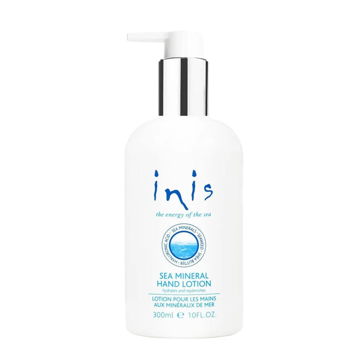White pump bottle of Inis Sea Mineral Hand Lotion, blue text, sea emblem, 300ml/10 fl. oz. size.