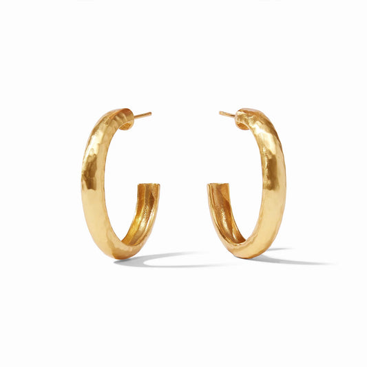 Thick 24k gold hand-hammered hoop earrings with post backings. Available sizes: small, medium, large.