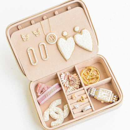 Beige Jewelry Organizer | Hollis shown open, featuring individual storage compartments. Sizes available.