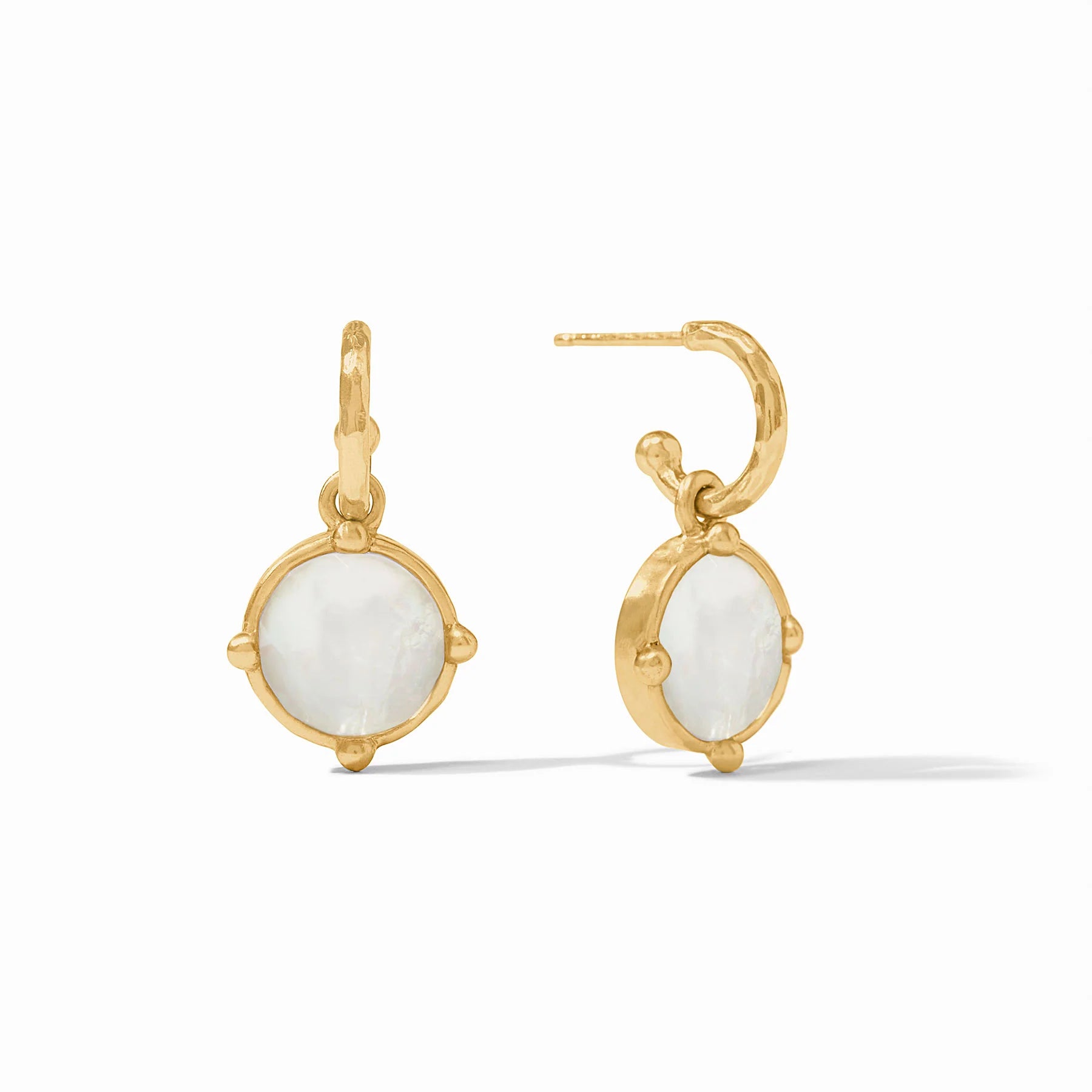 Honeybee Hoop & Charm Earrings with round translucent gemstones in gold bezels, 24K gold-plated. Available sizes: small, medium, large.