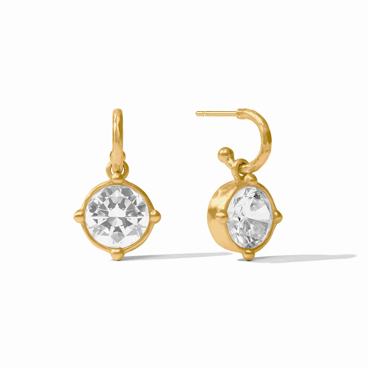 Honeybee Hoop & Charm Earrings, 24K gold-plated, each featuring a round clear gemstone in a minimalist four-prong bezel. Available sizes: small, medium, large.
