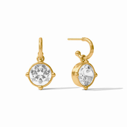 Honeybee Hoop & Charm Earrings, 24K gold-plated, each featuring a round clear gemstone in a minimalist four-prong bezel. Available sizes: small, medium, large.