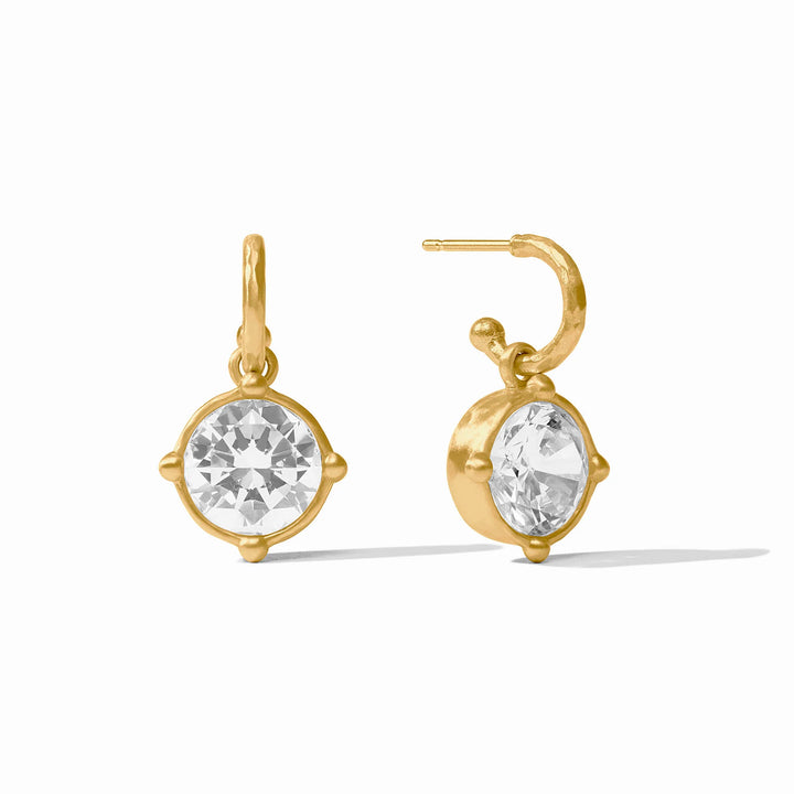 Honeybee Hoop &amp; Charm Earrings, 24K gold-plated, each featuring a round clear gemstone in a minimalist four-prong bezel. Available sizes: small, medium, large.