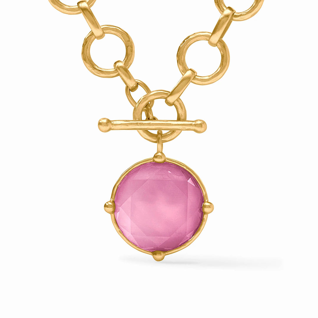 Iridescent Tourmaline Pink Honeybee Statement Necklace with gold Julie Vos chain, round faceted pink iridescent tourmaline pendant, and toggle clasp. Available in all sizes.