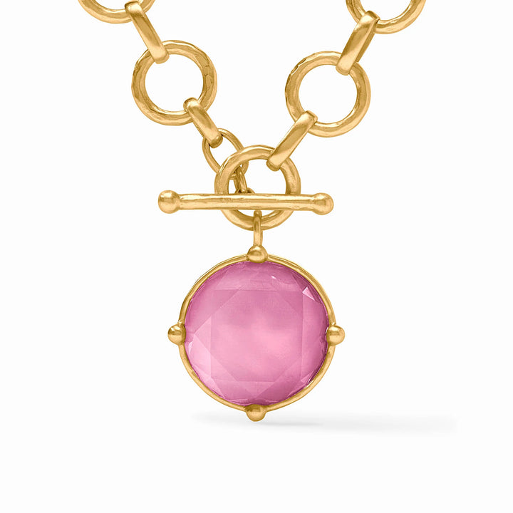 Iridescent Tourmaline Pink Honeybee Statement Necklace with gold Julie Vos chain, round faceted pink iridescent tourmaline pendant, and toggle clasp. Available in all sizes.