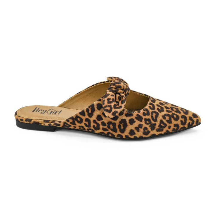 Layover Flat with Bow, a leopard print, pointed-toe mule with a cushioned footbed and decorative bow. Sizes available.