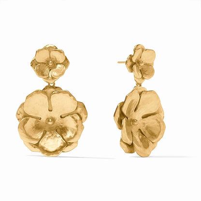 The Bloom Statement Earrings by Julie Vos: 24K gold-plated floral design, small stud above large pendant. Sizes: available.