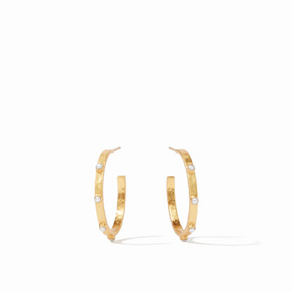 Hammered gold Crescent Stone Hoop-Pearl earrings with round pearls on edge; available in small, medium, and large sizes.