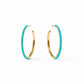 Medium 18K gold-plated hoops with small round turquoise stones along the outer edge. Available in medium size only.