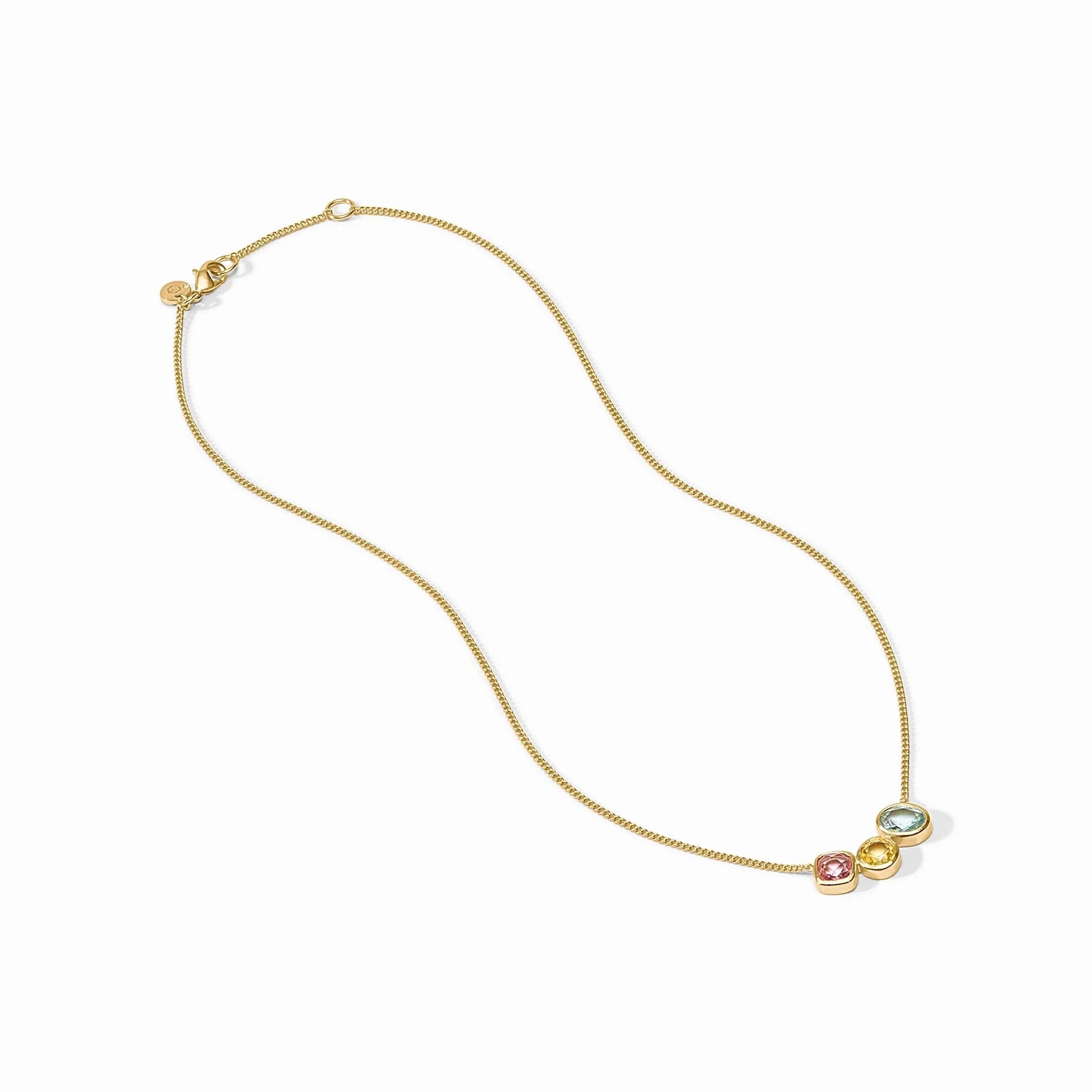 24K gold-plated adjustable curb chain with pink, yellow, and blue gemstone charms. Available in multiple sizes.
