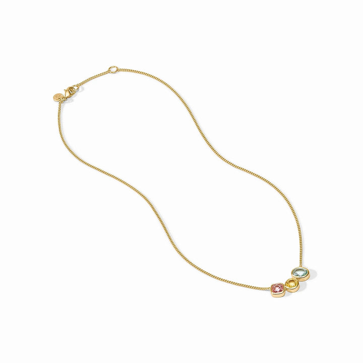 24K gold-plated adjustable curb chain with pink, yellow, and blue gemstone charms. Available in multiple sizes.