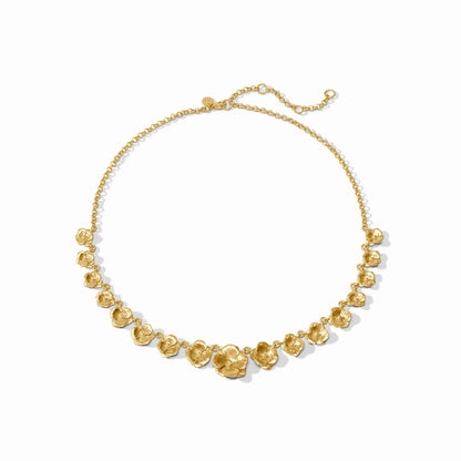 24K gold-plated Bloom Demi Necklace with textured flower charms, central larger piece, adjustable clasp. Available in 16" and 18".