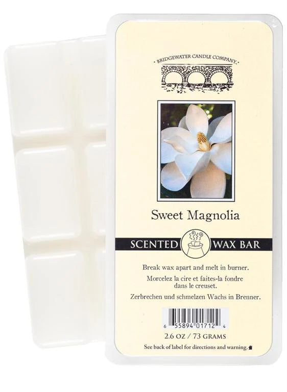 Bridgewater Wax Bar | Sweet Magnolia in white packaging with magnolia label, six sections. Available in standard wax bar size.