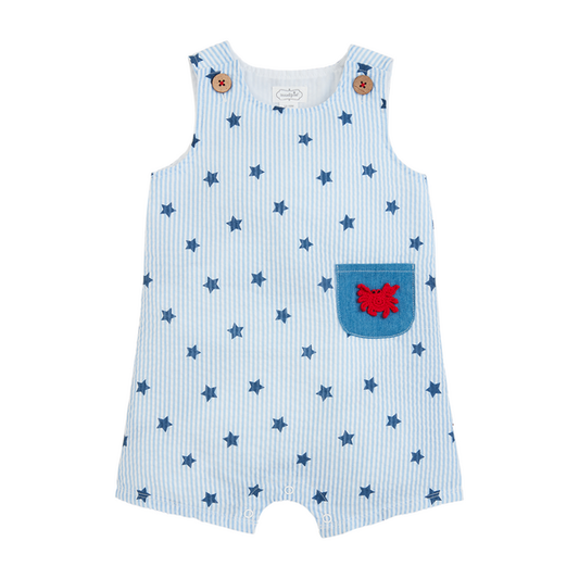 Blue and white stripe romper with blue stars and denim pocket with red crab applique. Buttons on top closures and snaps on crotch.