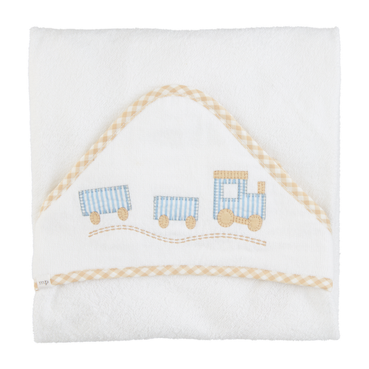 A white Train-themed hooded towel with a gingham trim and an embroidered design featuring a blue and beige train on the hood, made from absorbent material.