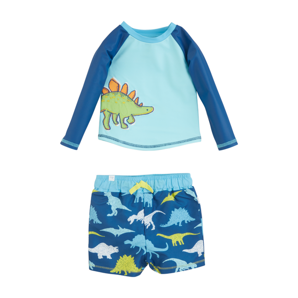 Blue rash guard swim set with long sleeves and shorts. Features a dinosaur on the shirt and a dinosaur pattern on the shorts. Blues and greens in color.