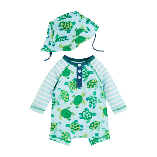 A Turtle Rash Guard Set with sun protection, featuring a turtle print design and an attached hood, paired with a matching hat, displayed on a white background.