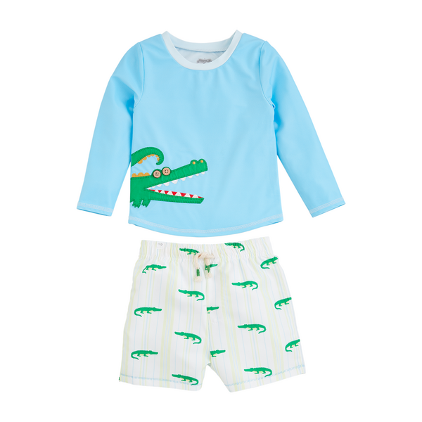 Long sleeved shirt and shorts rash guard set with aligator on shirt with button eyes and aligator pattern on shorts