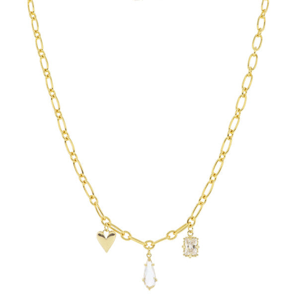 This product is a charm necklace, comprised of three pendants: a heart, a teardrop crystal, and an emerald square crystal. The charms are expertly crafted and plated with 18K gold. Each pendant displays detailed craftsmanship and high-quality materials. This piece is not size specific as it comes as one size fits all. It includes an adjustable clasp for varying lengths to fit every wearer&