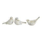 Set of three small distressed resin bird figurines in unique poses with white and grey accents; available in 3-inch size.