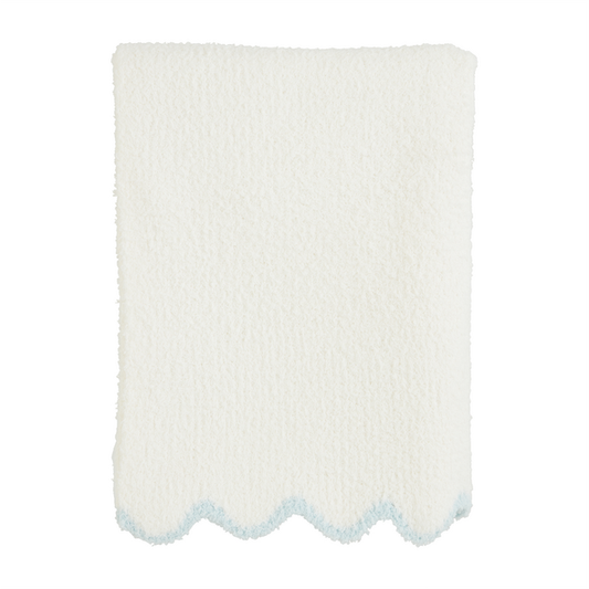 White chenille blanket with scalloped edge